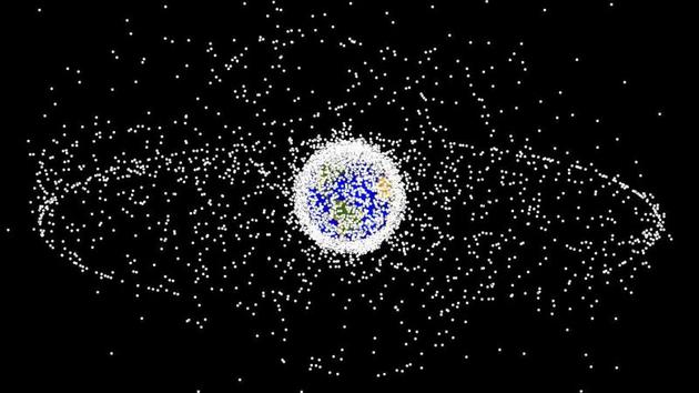 图为地球周围人造卫星的分布示意图。注意近地轨道卫星（内圈）与地球同步轨道卫星（外圈）的区别。图中并非真实比例。